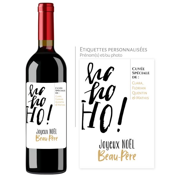 Cadeau noël Beau-Père | Bouteille personnalisée Ho, Ho, Ho - Vins Rouges Harmonieux pour Chaque Occasion