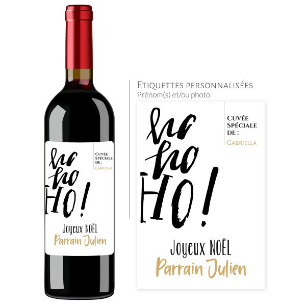 Cadeau noël parrain | Bouteille personnalisée joyeux noël ho, ho, ho - Vins Rouges Harmonieux pour Chaque Occasion