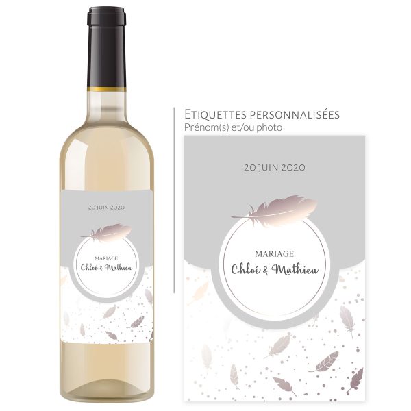 Bouteille personnalisée mariage | date et prénoms modèle plume - Vins Rouges Harmonieux pour Chaque Occasion