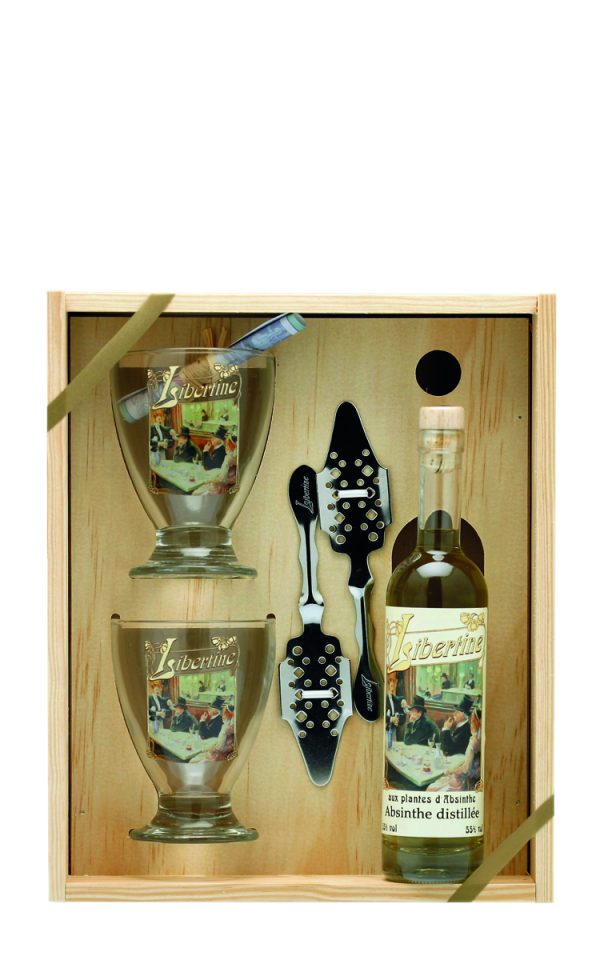 Absinthe Libertine® Originale 55% vol. caisse bois 1 btl 20cl + 2 verres + 2 cuillères - Vins Rouges Harmonieux pour Chaque Occasion